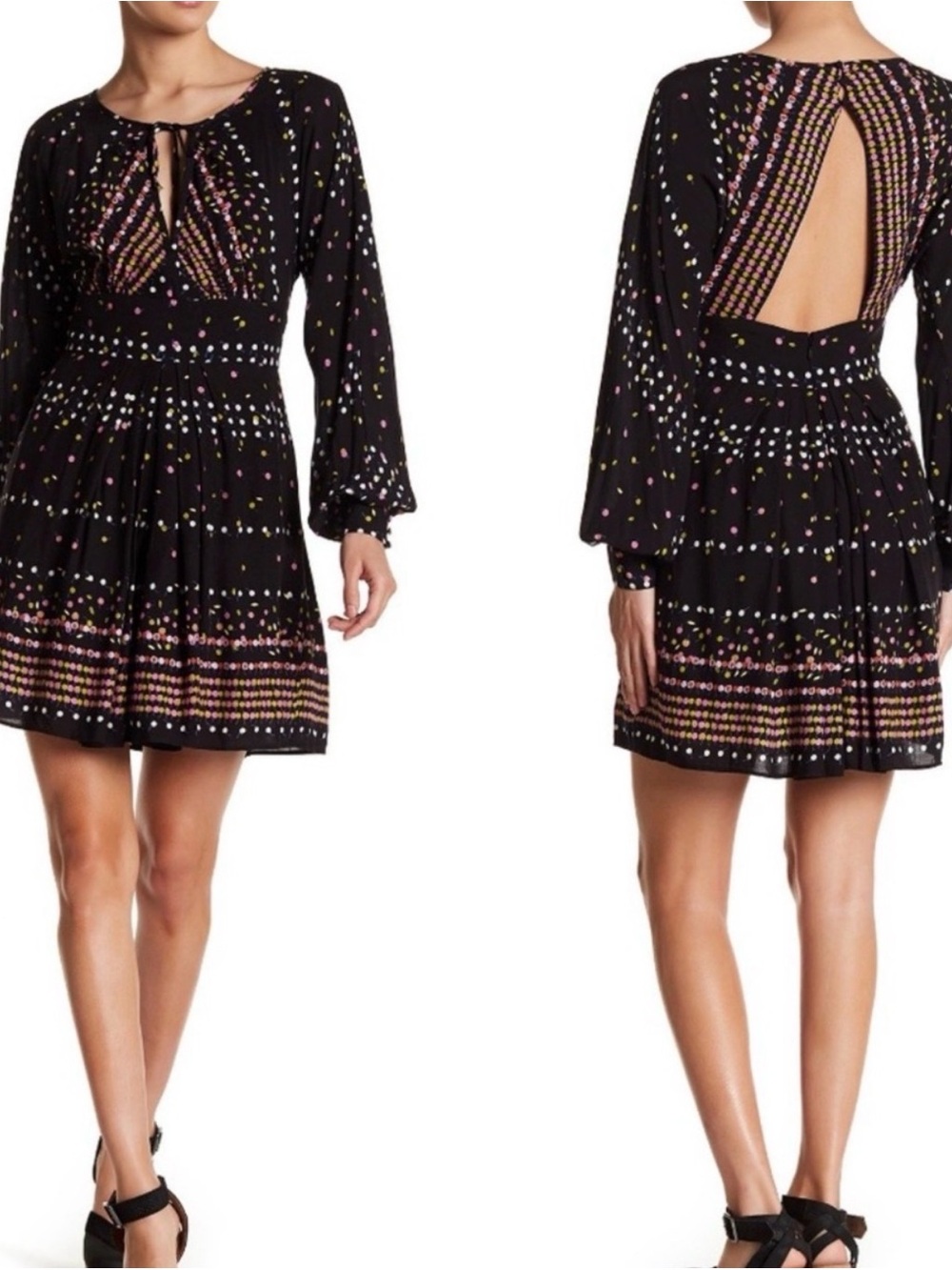Free People Coryn Mini Dress Size 8 Black Polka Dot Long Sleeve